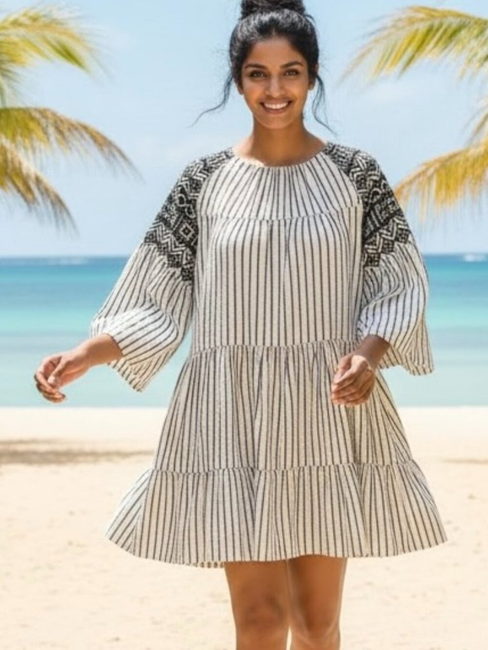 Free People Dress Lola Embroidered Striped Black White (S)